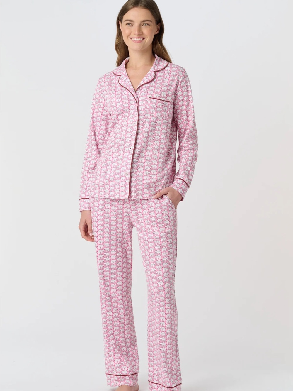 Roller Rabbit Hathi Long Sleeve Polo Pajamas in Pink, S, Cotton